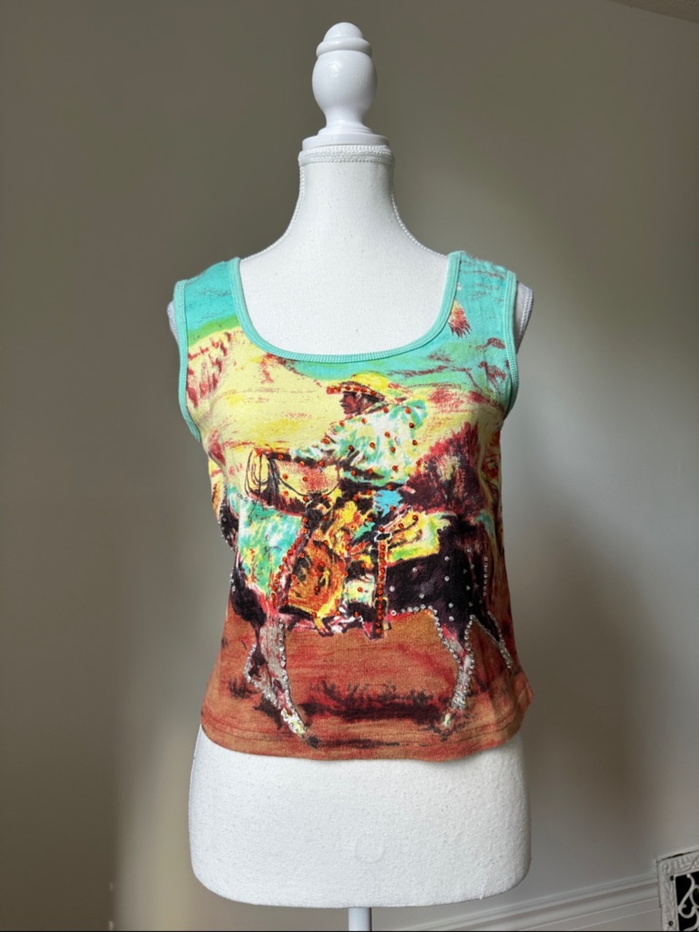 PAPA Y2K Cotton Cowboy Western Horse Bedazzled Festival Tank Top Size Small